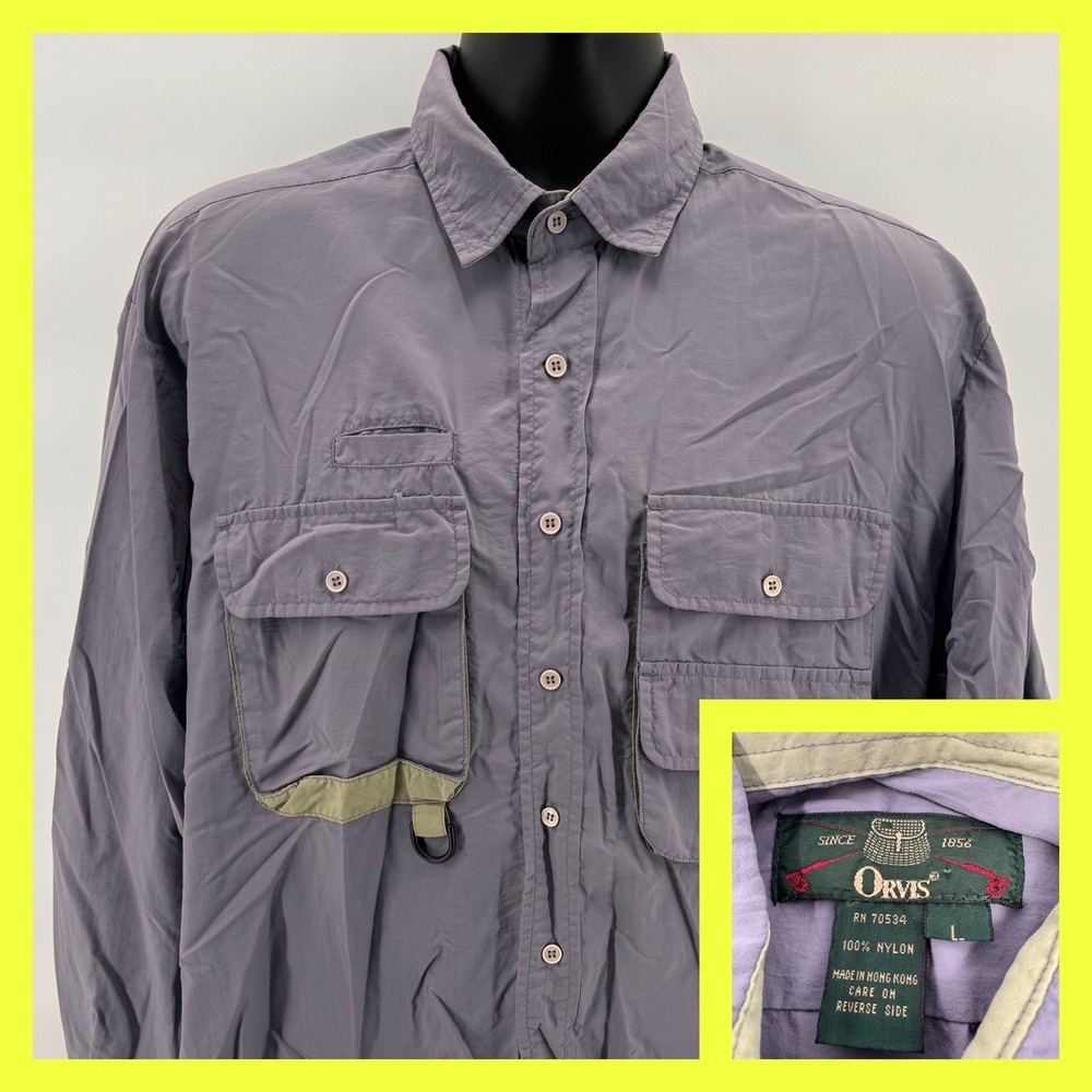 VTG Orvis Mens Long Sleeve Nylon Button Up Shirt Purple Size L Fishing‎ Outdoor